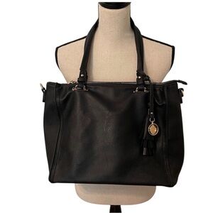 Gussaci Black Vegan Faux Leather Tote Bag Gold Hardware Pockets Roomy EUC